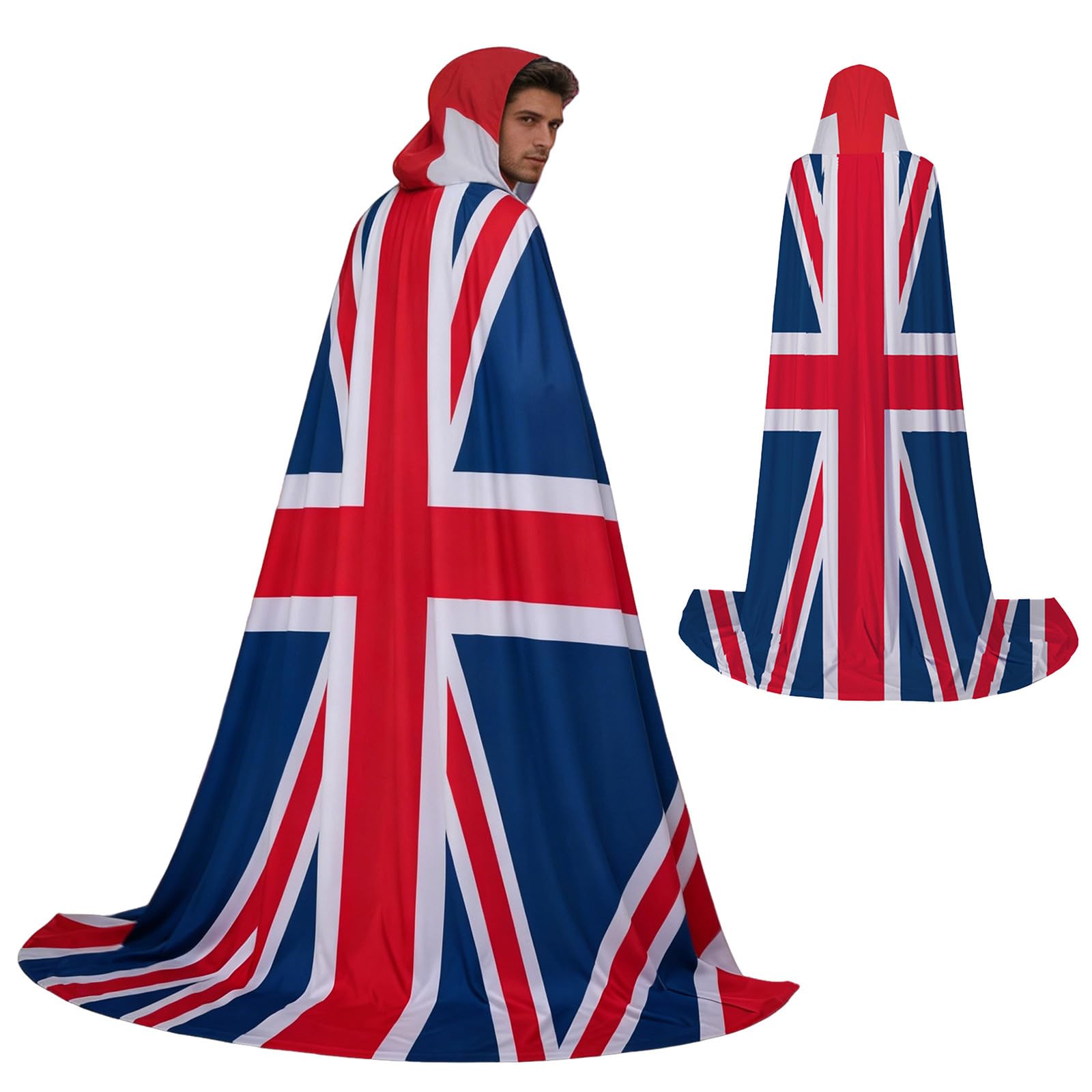 SXcggal Unisex Union Jack Hooded Cape British Flag Print Cloak for Men Women Patriotic Fancy Dress Festival Party Cosplay Costume Long Hooded Cape,Red,One Size
