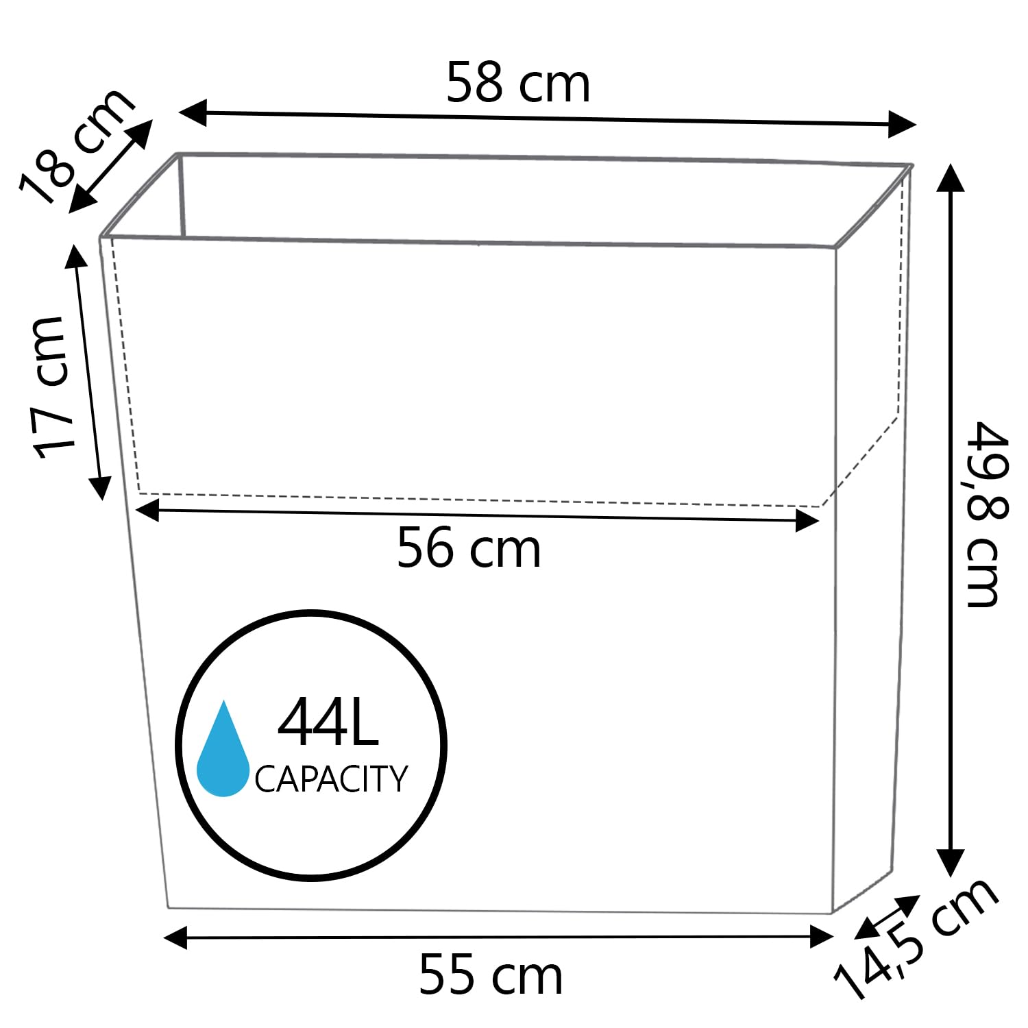 IMJ-Global - 3 Vasi per Piante da Esterno Interno Moderni, Fioriera da Esterno Rettangolare 58x18x49,8cm (44 Litri) con Inserto da 12 Litri, Vaso in Plastica Resistente Alle Intemperie (Nero)