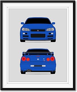 Nissan Skyline GT-R R34 (1998-2002) (Front and Rear) from the Fast and the Furious Inspired Poster Print Wall Art Decor Handmade Brian O'Connor (Paul Walker) Art Godzilla Nismo V-Spec (Unframed)