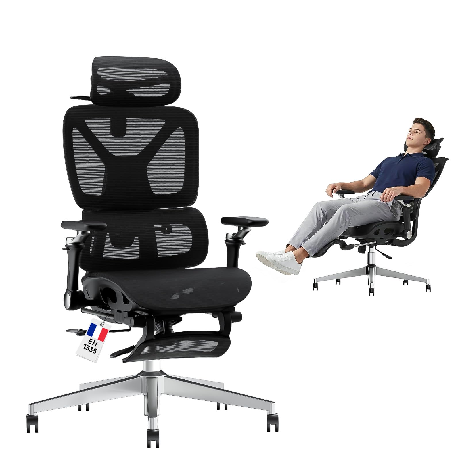 Chaise Bureau Ergonomique Accoudoirs 6D Soutien Lombaire Noir