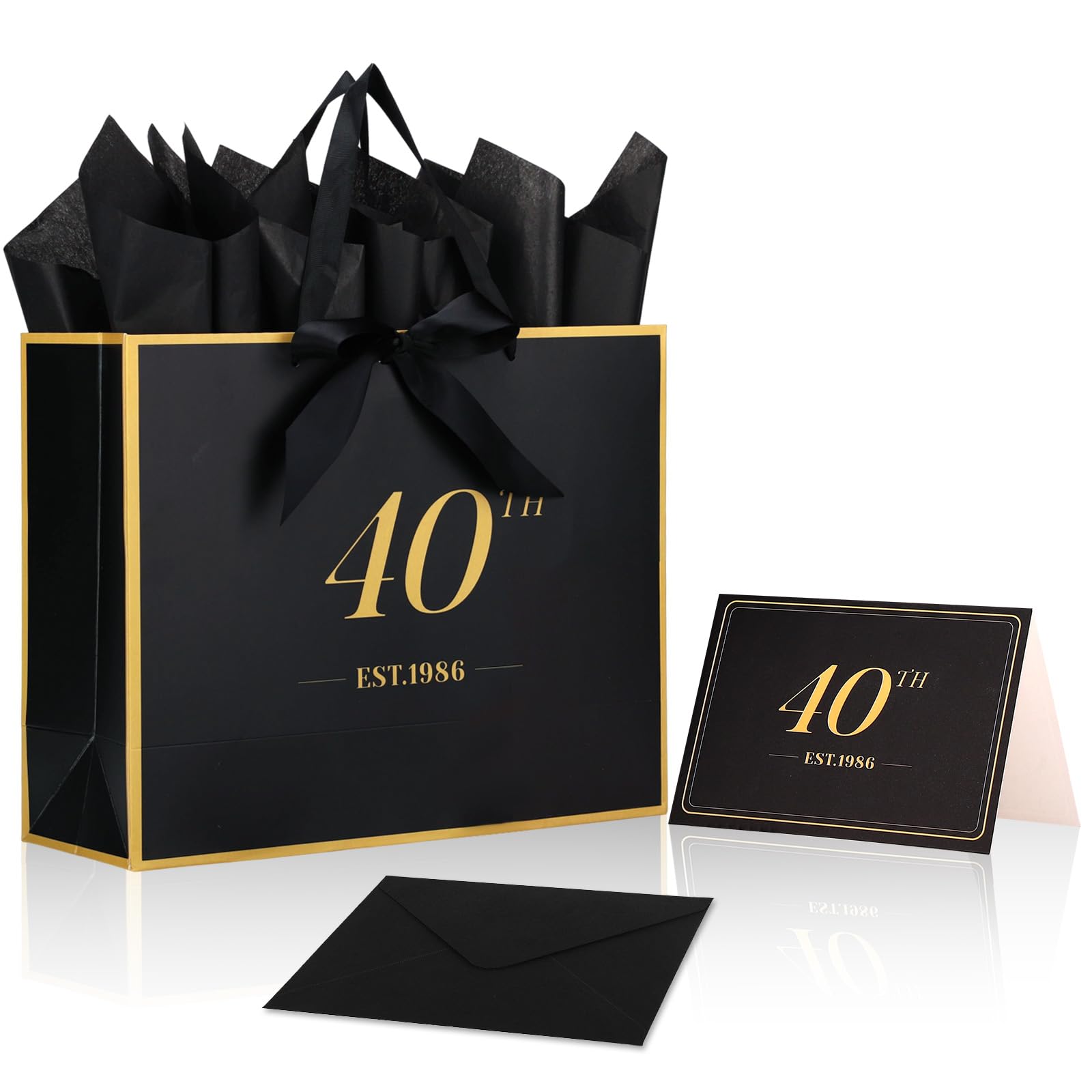 40th Birthday Gift Bag with Card & Tissue Paper, EST.1986 40 Year Old Keepsake Present Shopping Bags for Women Men Black Gold Anniversary Party Favors Goodie Wrapping Supplies & Decorations