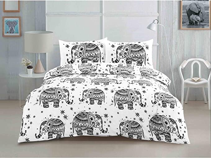 KARKARM Traditional Indian Elephant King Size Duvet Cover Sets Printed Bedding Black White Bed Duvet Cover with Pillow Cases, Quilt Cover Set