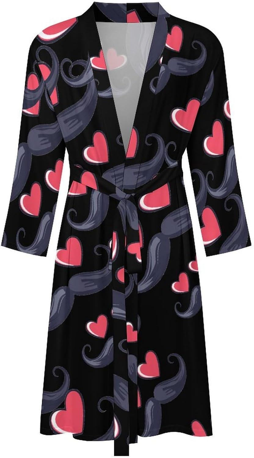 Mustache-hearts Men's Robe Soft Bathrobe V Neck Loungewear Sleepwear Nightgown Dressing Gown
