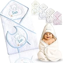 Newborn Baby Bath Cloak + Bib, Baby Hooded Bath Towel Personalized with Embroidered Name, Bath Cape + Bib Set, Ideal Gift for Birth and Baby Shower
