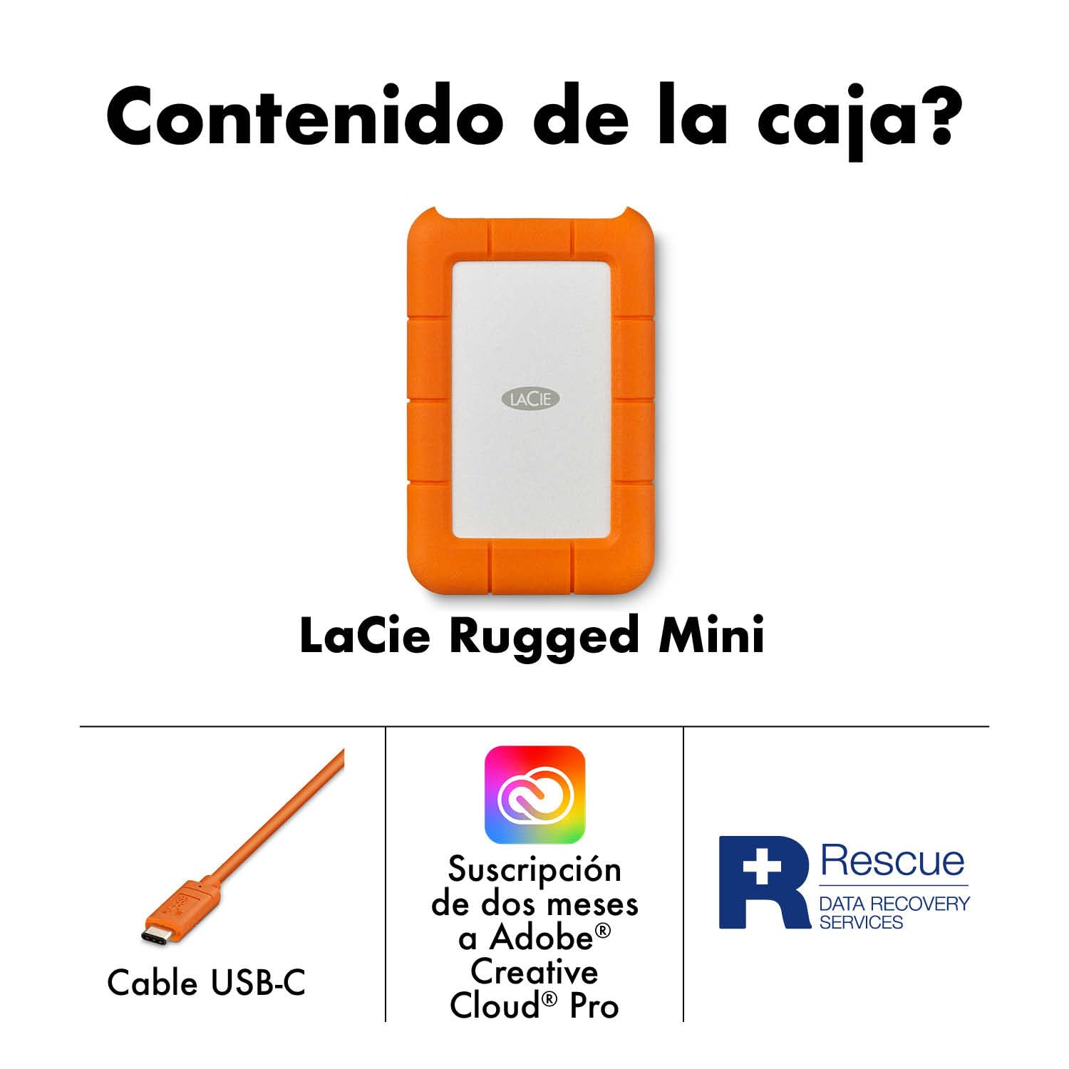 LaCie Rugged Mini 2TB, disco duro externo portátil, 2.5", para PC Mac iPad & iPhone, Data Rescue Services (LAC9000298)