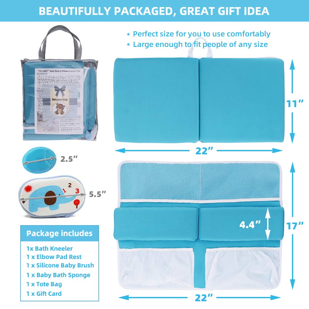 Bath Kneeler and Elbow Rest Set Thick Baby Bath Kneeling Pad Bathing Kneeling Mat Cushion Washable Padded Bathtub Knee Saver with Arm Support and Pockets Organizer for Bathroom Bathtime Comfort, Blue