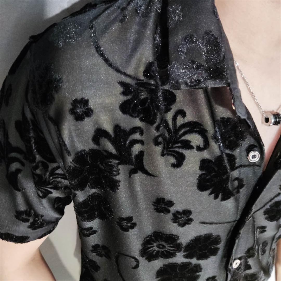 Yeuyyben Camicia Floreale Nera Trasparente da Uomo Camicia in Pile Sexy da Uomo Abbigliamento A Maniche Corte Vedere Attraverso La Camicia del Club Sociale