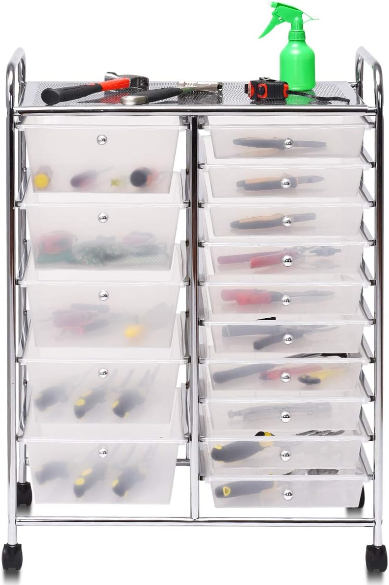 Giantex 15 Drawer Rolling Storage Cart Tools Scrapbook Paper Office School Organizer, Clear - Image 8