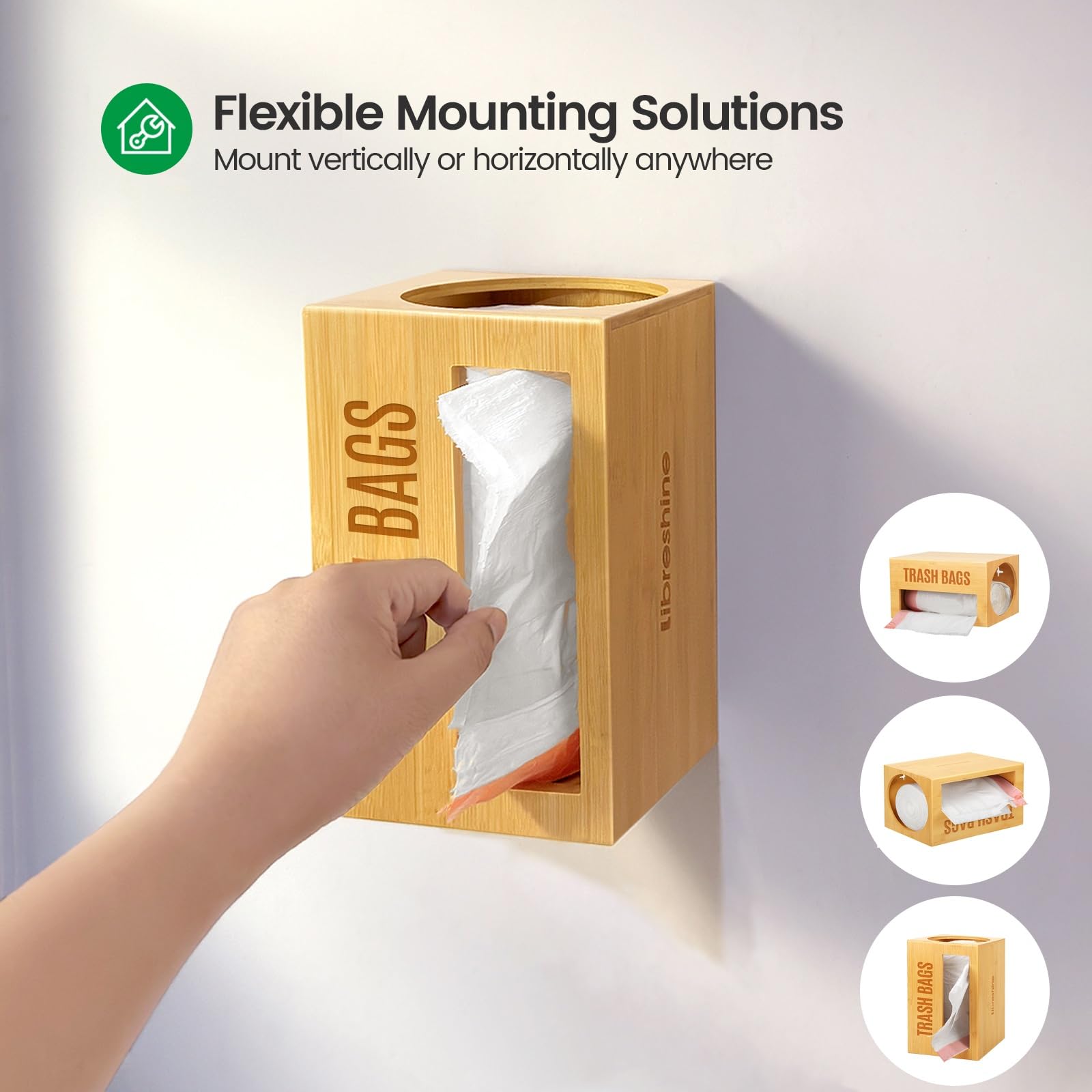 Libreshine Dispensador de Bolsas de Basura, Organizador de dispensador de Bolsas de Basura Debajo del Fregadero, Organizador de Bolsas de Basura de bambú de Montaje en Pared