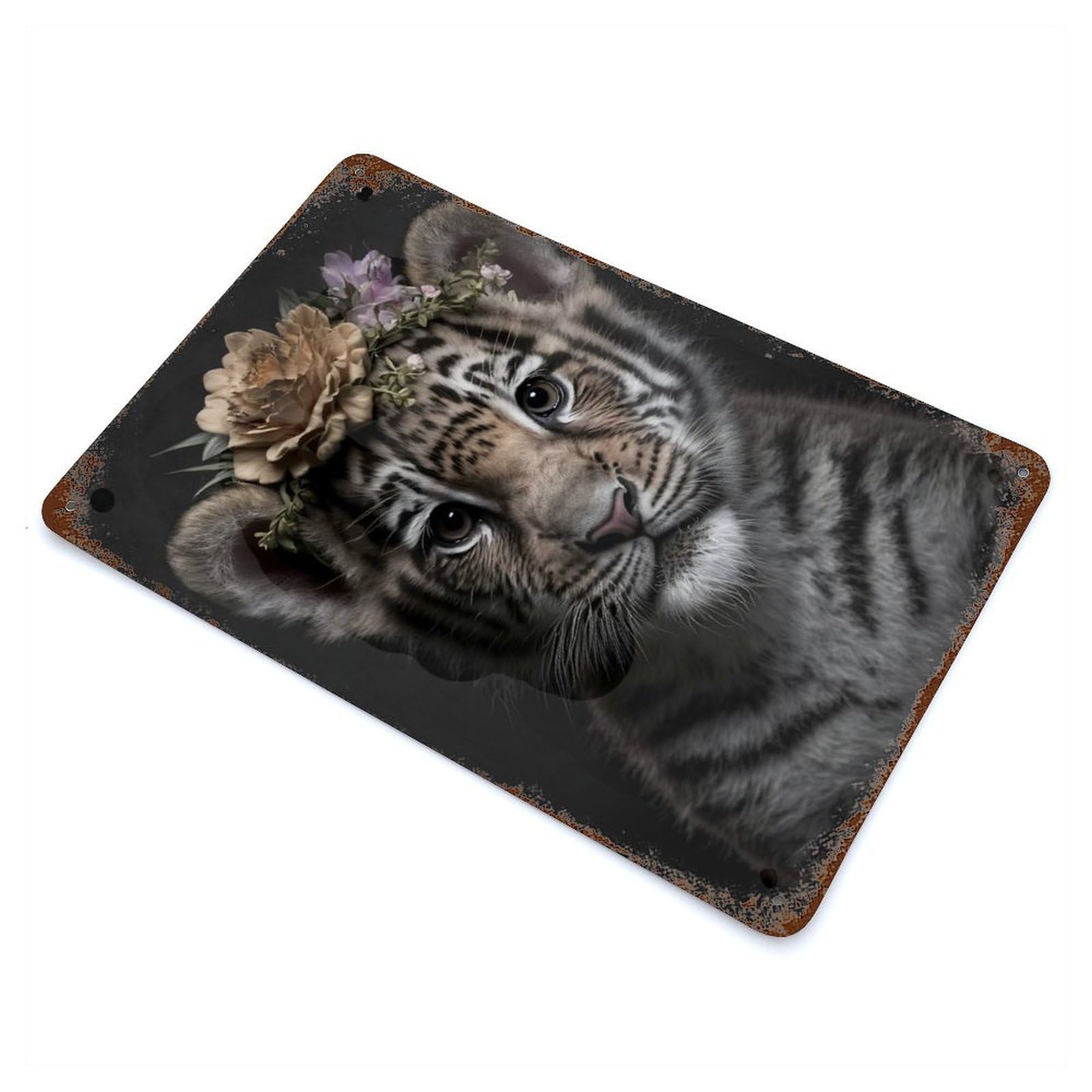 Cute Baby Fluffy Tiger 11.8"x7.9" Rusty Metal Tin Sign, Shabby Chic Decor for Bistro, Counter And Cafe Decor