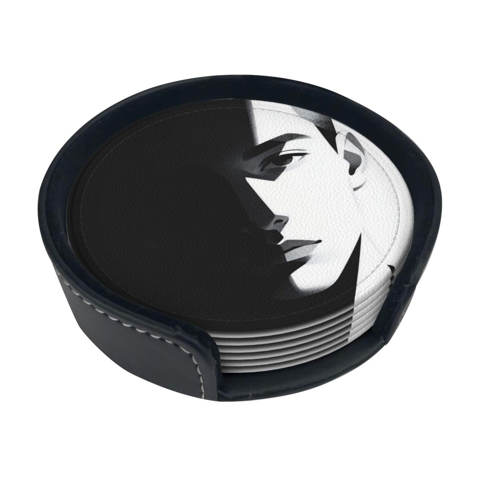 Cntdbu White Half Face Shadow Leather Coasters Set Of 6-Pu Leather Drink Mats For Table, Heat Resistant Round Coasters With Holder