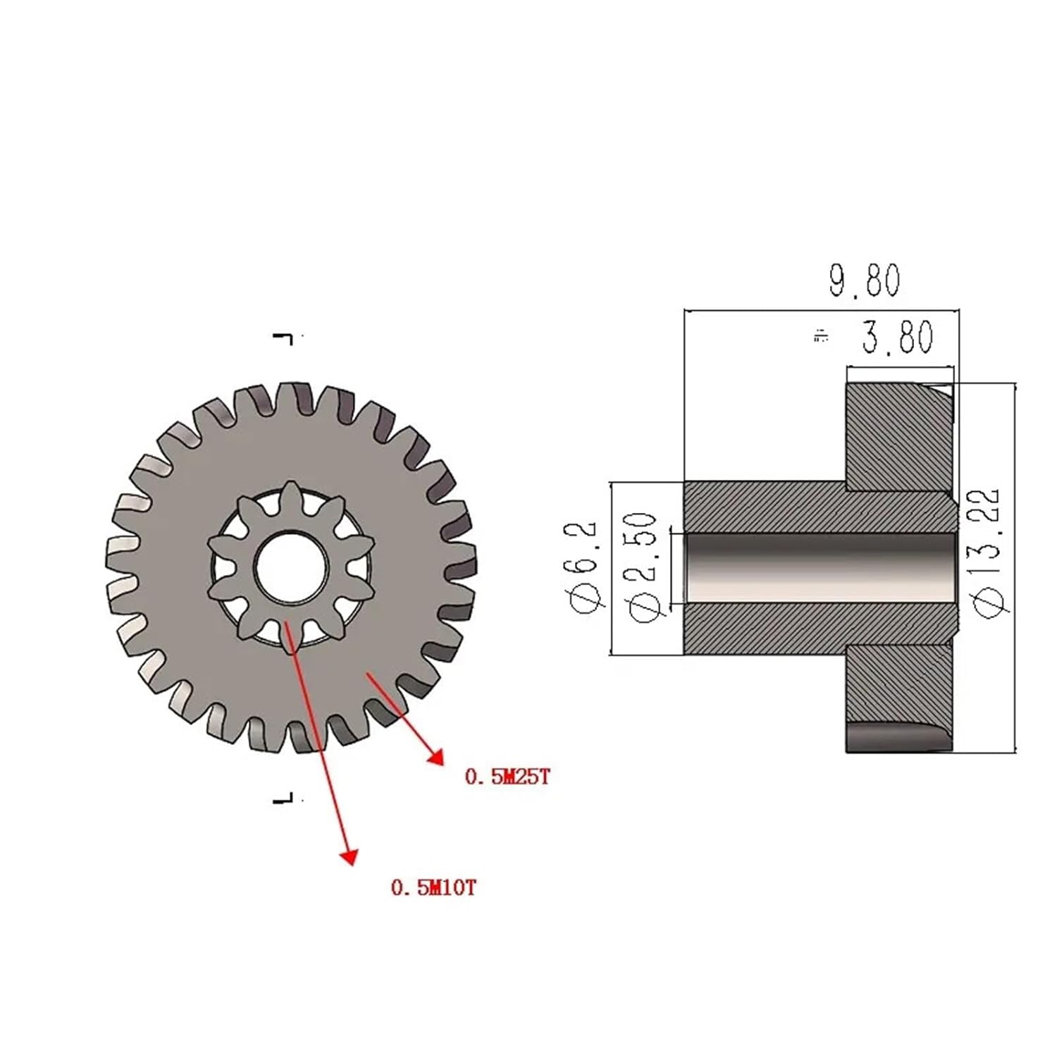 0.5M 10T+25T Gear for 5840 Worm Gear Motor(Steel)