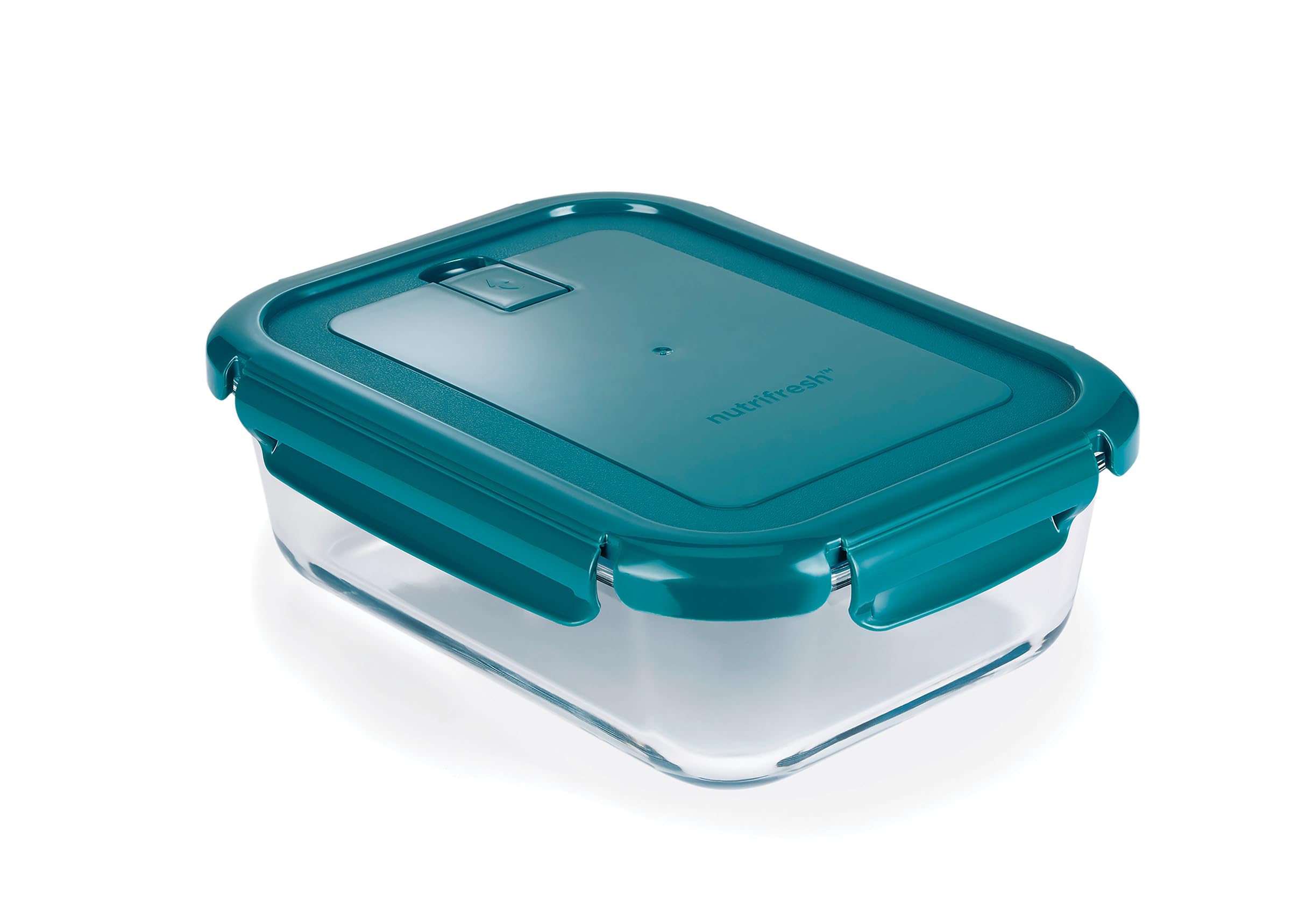 Nutrifresh Teal Airclip 1.5L Food Storage Glass Containers With Lids - Borosilicate Airtight Food Containers With Lids, Clip-Lock - Oven, Microwave & Freezer Safe