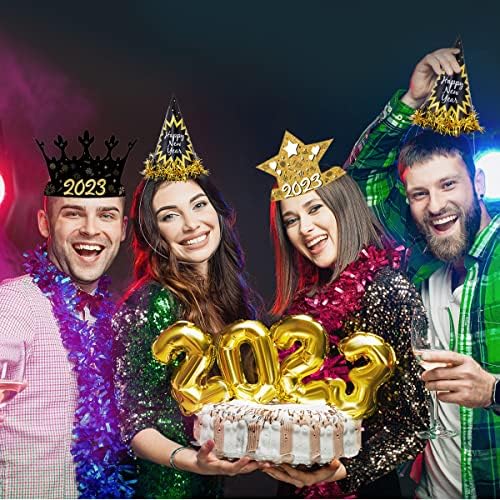 2023 Happy New Year Party Supplies - 12 Pcs Black and Gold New Year Eve Party Hats, Happy New Year Paper Cone Hats, Crown Hats for Kids Adults New Year Eve Decorations