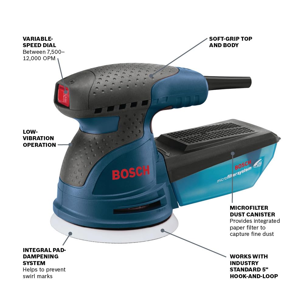 BOSCH ROS20VSK - Lijadora de palma de 2.5 amperios y 5 pulgadas. Kit de lijadora/pulidora orbital aleatoria de velocidad variable con cable con colector de polvo y funda de transporte rígida