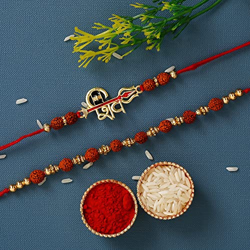 Image of eCraftIndia Set of 2 Brown and Golden Lord Shiva, Shiva Lingam, Trishul Rudraksha Rakhis, Best Bro Ever Fridge Magnet with Roli Chawal Pack - Rakhis for Brothers
