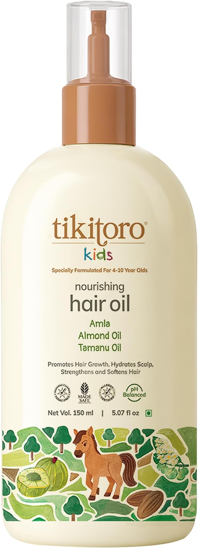 Tikitoro Kids Nourishing Hair Oil, 100% Vegan with Bringha, Amla, Olive, & Argan, Promotes & Conditions Hair Growth & Scalp, Non-sticky, Non-smelly & Non-greasy, No Paraben & Sulphate (150 ml)