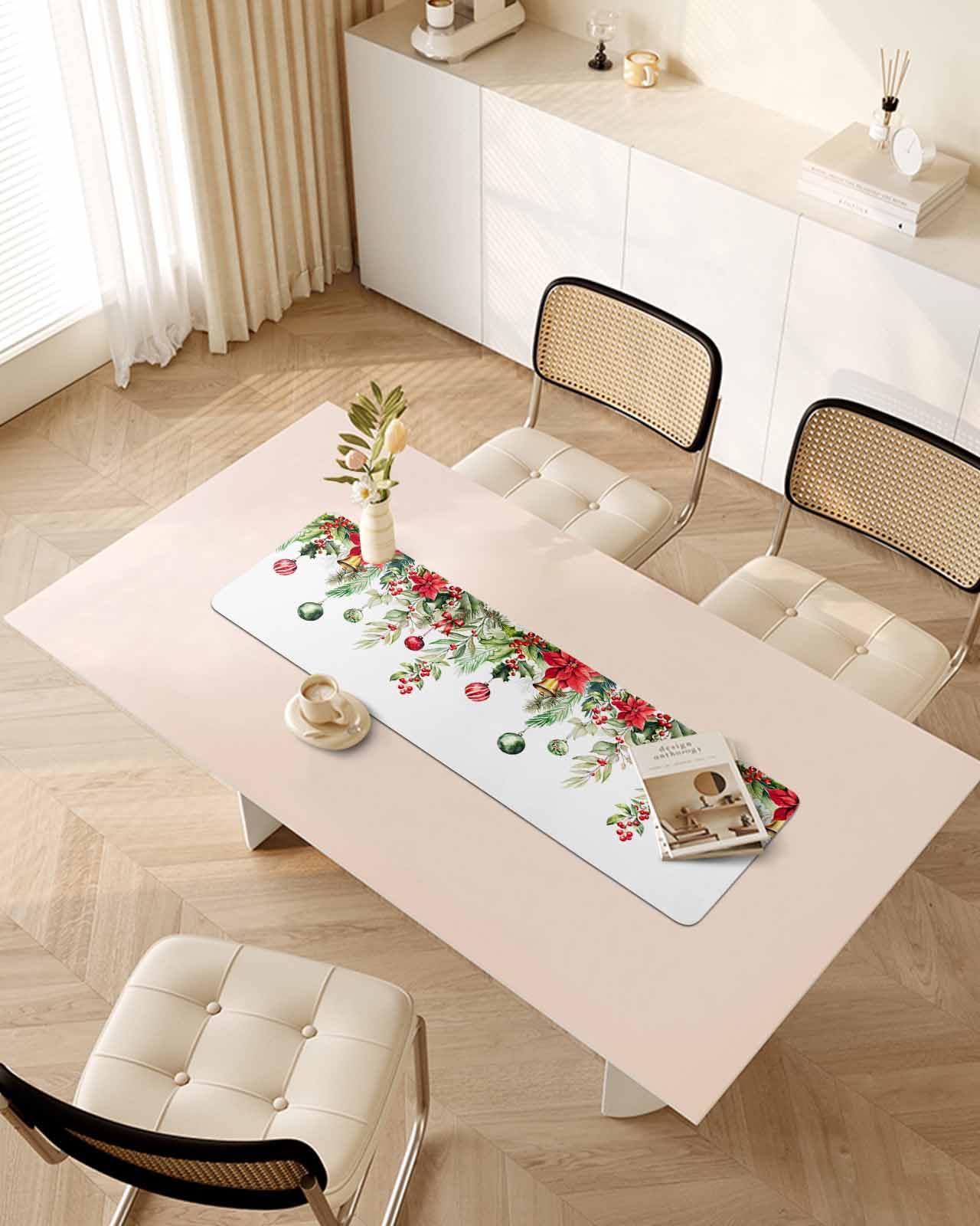 Debedcor Heat Proof Table Pads Waterproof Decorative, Christmas Poinsettia Non-Slip Table Countertop Protector, Farmhouse Xmas Botanical Ball Bell Insulation Mat for Dining Room, 48 x 12 Inches