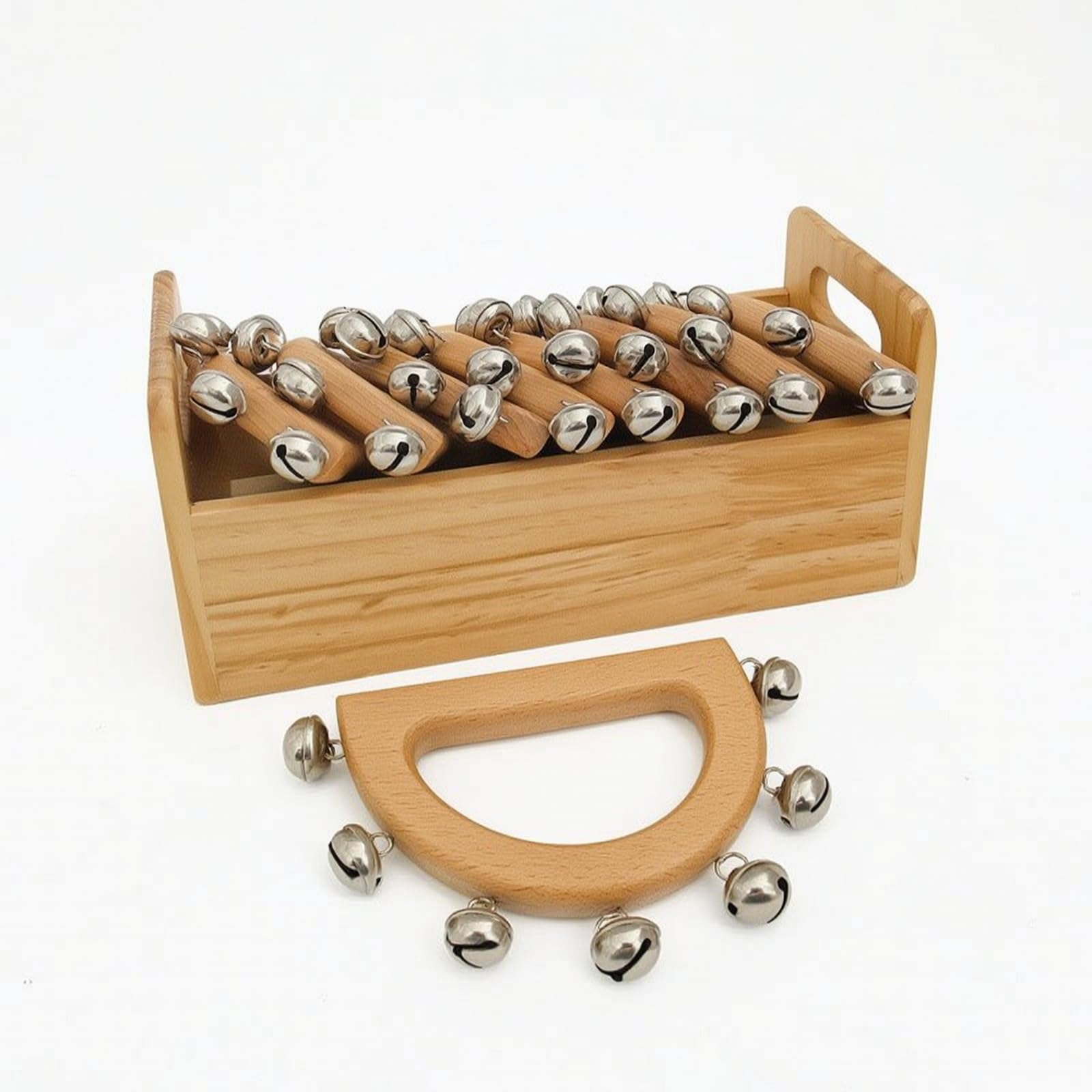 kowaku Campanella Musicale per Bambini Sonaglio Manuale Strumento a Percussione Raganella in Legno con in Metallo Presa, Sette Campanelle A Mano A Mezzaluna + Scatola Di Legno