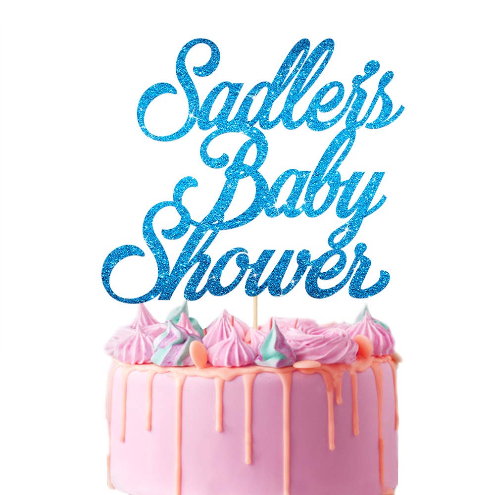 EDSG Personalised Cake Topper for Baby Shower | Cake Decoration Double Sided Glitter Card Text Customized Any Name | Multicolour Party Decoration Hand Finished in UK(Blue)