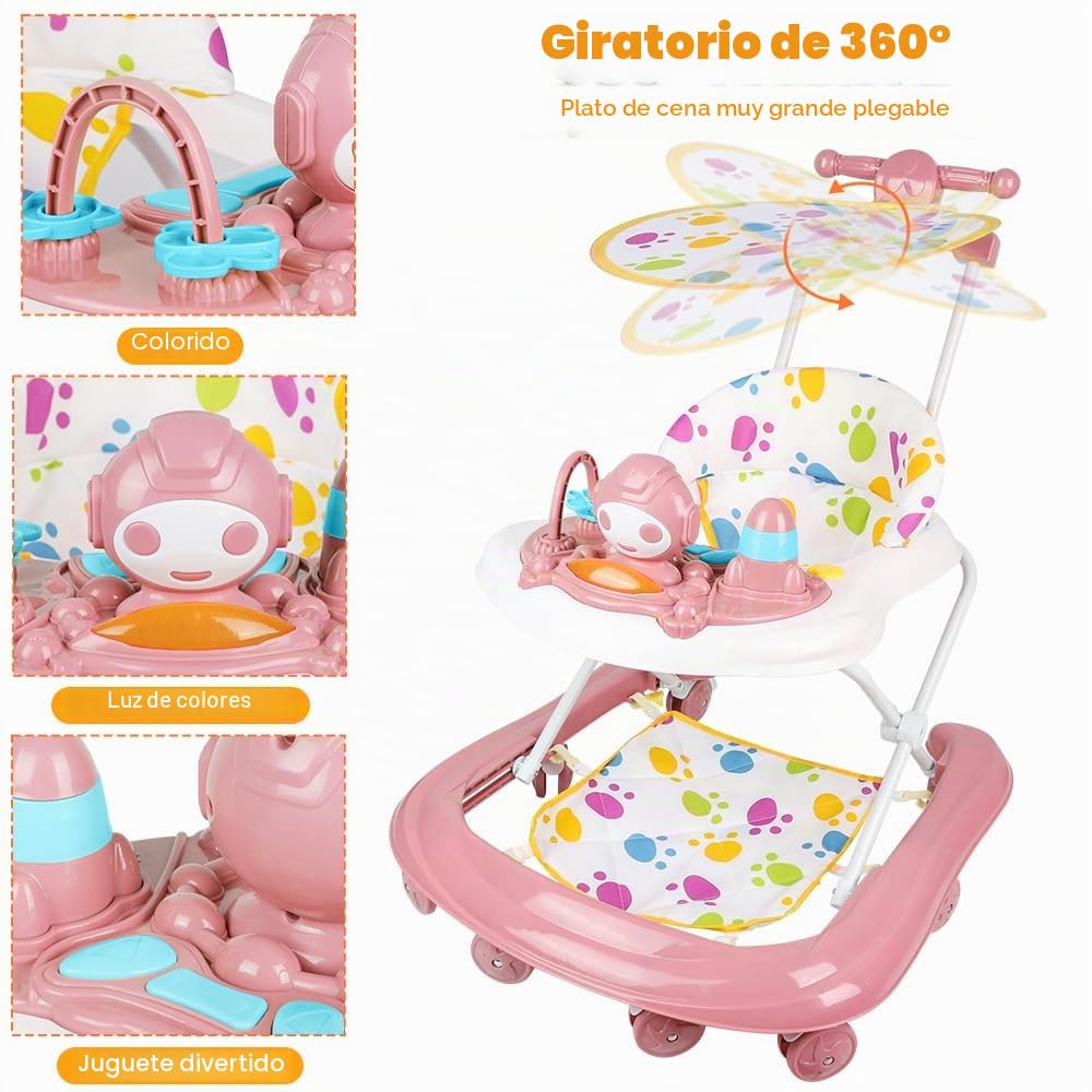 5 en 1 Andador Bebé con 5 Alturas Ajustables, Andador Bebe Plegable con Bandeja de Actividades Musical Desmontable, De 6 a 18 meses, hasta 12 kg (5 en 1,62 x 68 x 36-81 cm, rosa)