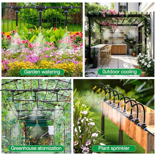Mixc 50Ft 1/4\" Drip Irrigation System,Garden Irrigation Kit with 12pcs Adjustable Copper Nozzles,Automatic Watering System for Outdoor,Raised Bed,Potted Plant,Lawn,Greenhouse Accessories for Yard