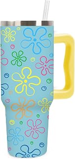 JarThenaAMCS Cartoon Sponge Tumbler with Handle 40oz Flower and Bubbles Tumbler with Lid Straw Blue Yellow Funny Sea Ocean Stainless Steel Cup for Home Office Travel