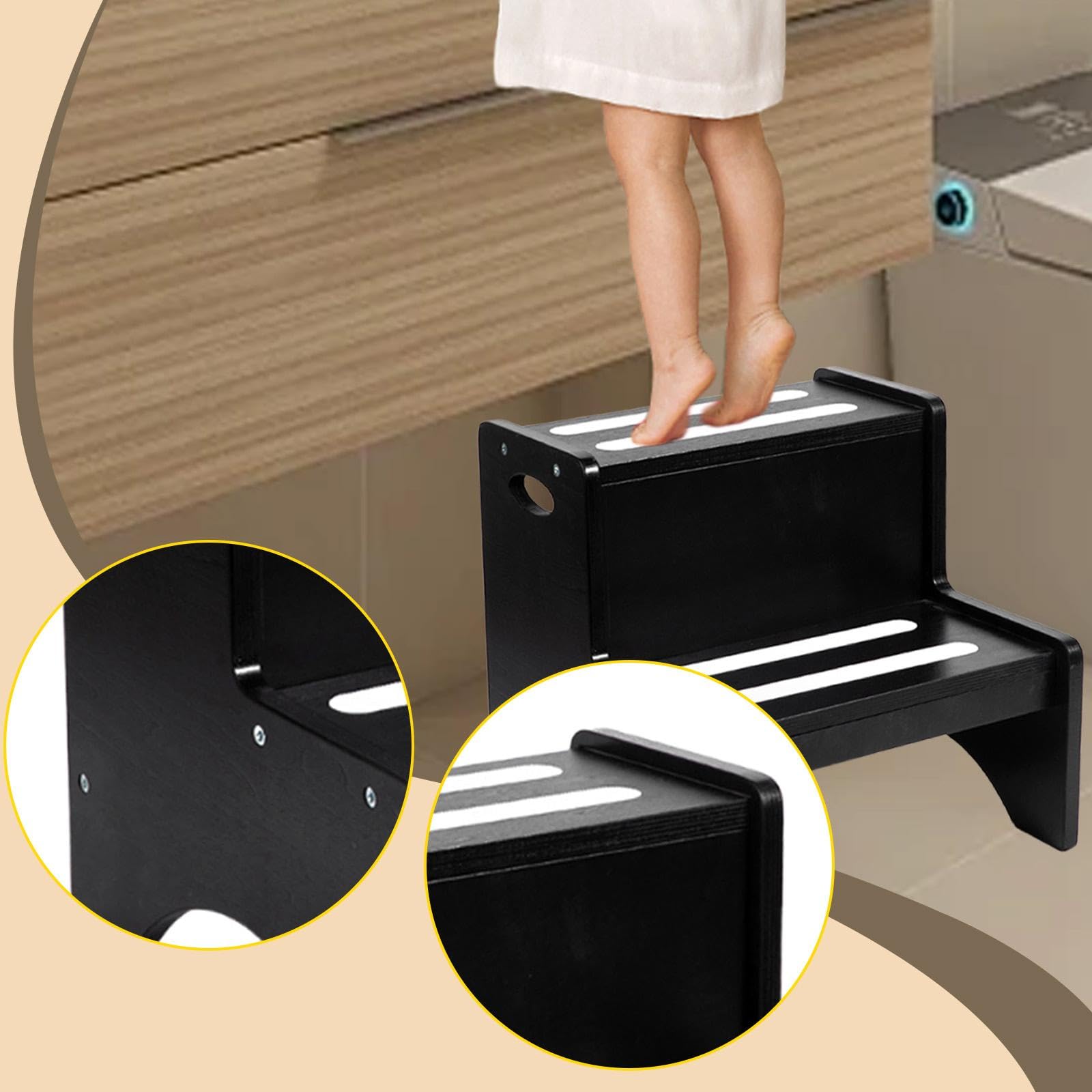 Gralara Sgabello a 2 gradini per bambini con maniglie, poggiapiedi da cucina, leggero, versatile, antiscivolo, per il bagno, Nero