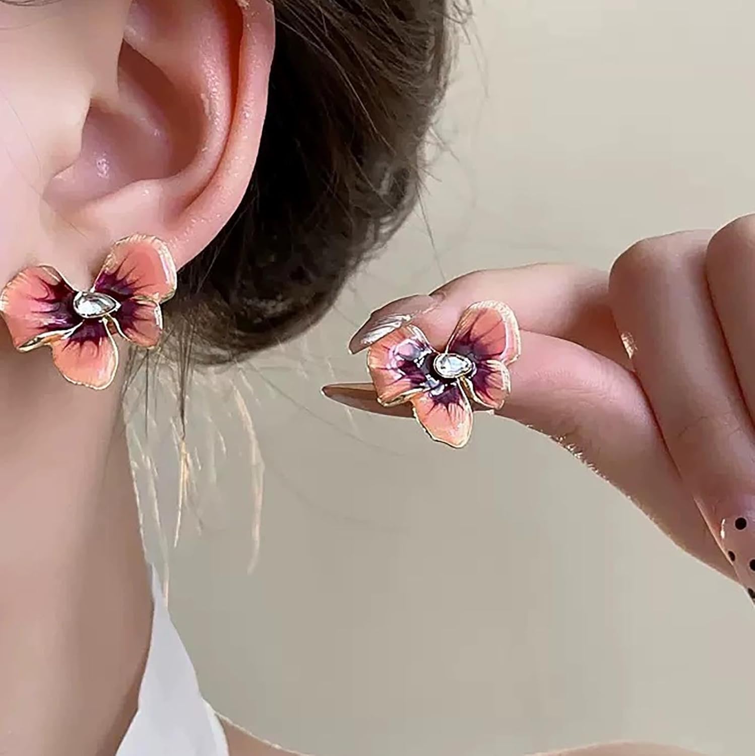 Enamel Flower Earrings Flower Crystal Stud Earrings Pink Large Floral Earrings Vintage Rhinestone Teardrop Earrings Enamel Statement Flower Earrings Jewelry for Women - Image 5