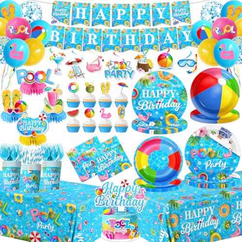 Pool Birthday Party Supplies,Summer Beach Party Decorations Paper Plates,Napkins,Balloon,Banner,Cupcake Topper for Summer Hawaiian Beach Pool Birthday Supplies Serves 24