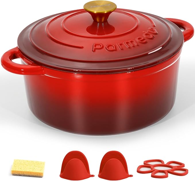 5.5 QT Enameled Cast Iron Dutch Oven – Heavy-Duty Red Pot with Lid & Dual Handles, Ideal for Bread Baking, Stews & Roasting – Includes Recipe Book