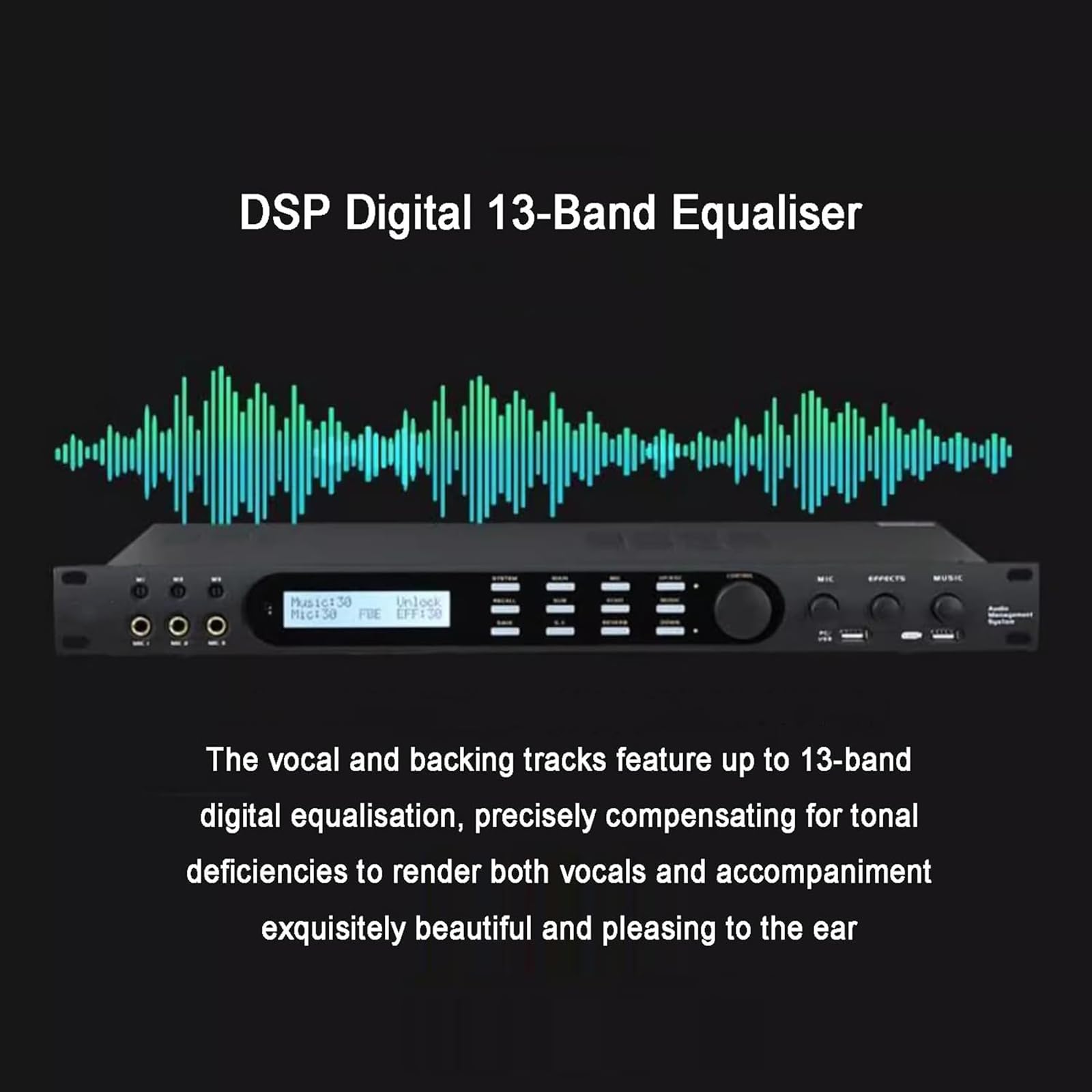 Procesador de audio digital, supresor de retroalimentación con control remoto, 4 entradas de micrófono, 16 efectos preestablecidos, conexión USB para KTV y uso en escenario