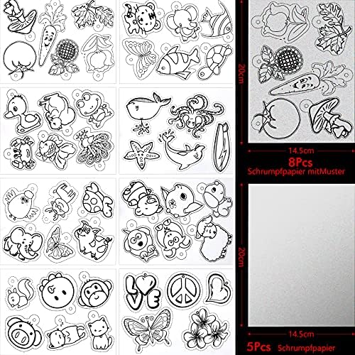 Wandefol 156pcs Heat Shrink Plastic Sheet Kit, Shrinky Art Paper for DIY Craft, 5 pcs Blank Shrink Paper, 8 pcs Shrink Paper with Pattern, 12 Color Pencil, Hole Punch, 130 pcs Keychains Accessories