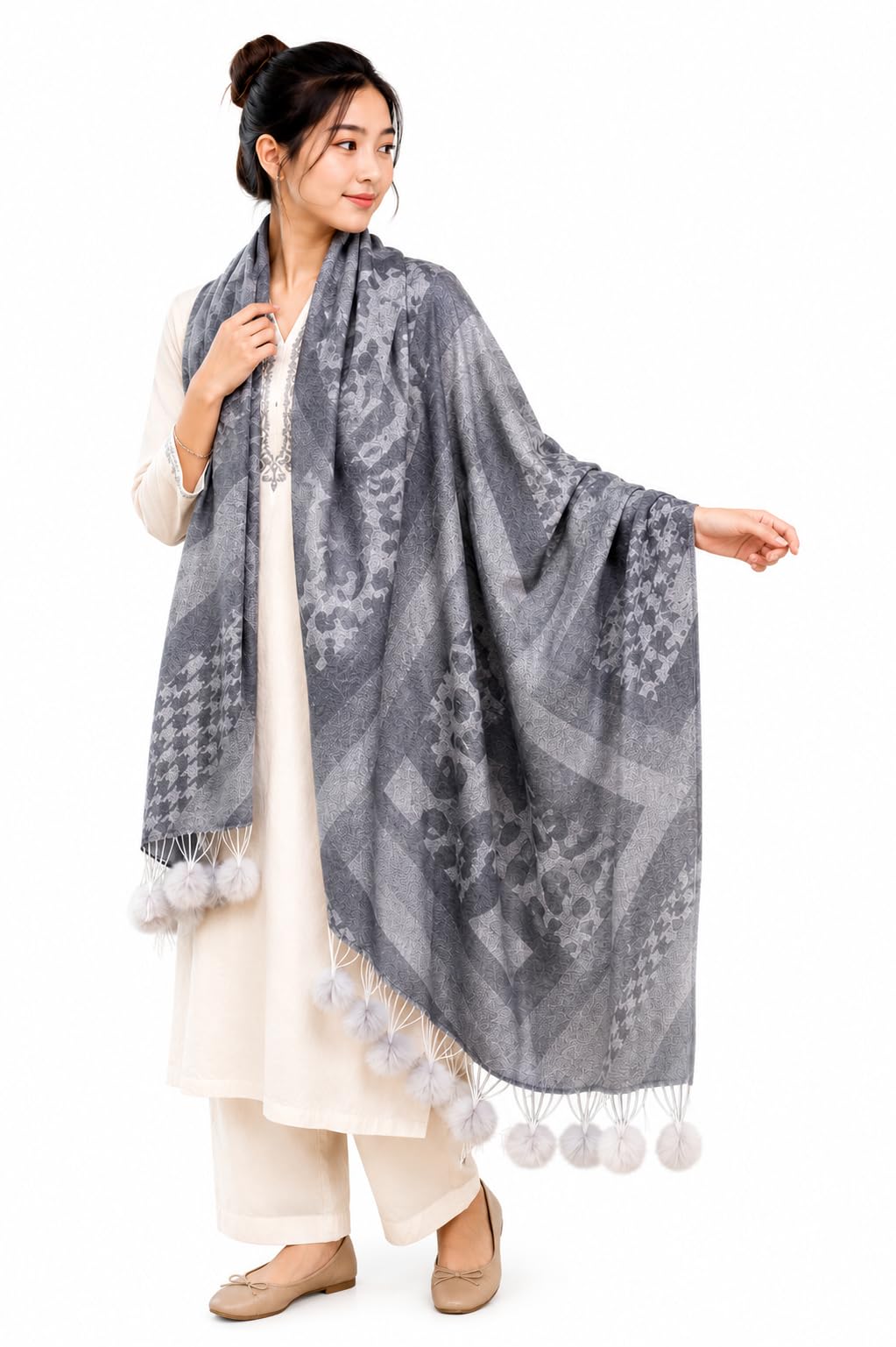 manra Women's Wool Blend Geometric Pattern Winter Stole with Pom-Pom Tassels|D.GREY| Free Size-picture-48