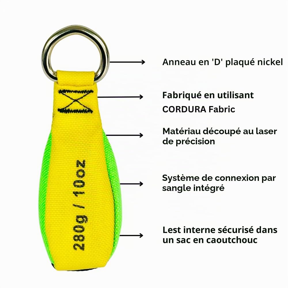 Kit de corde de lancer STEIN avec, corde de lancer jaune néon de 2,0 mm/50 m et lest de 280 g/10 oz. Corde de lancer pour arboriste et sac