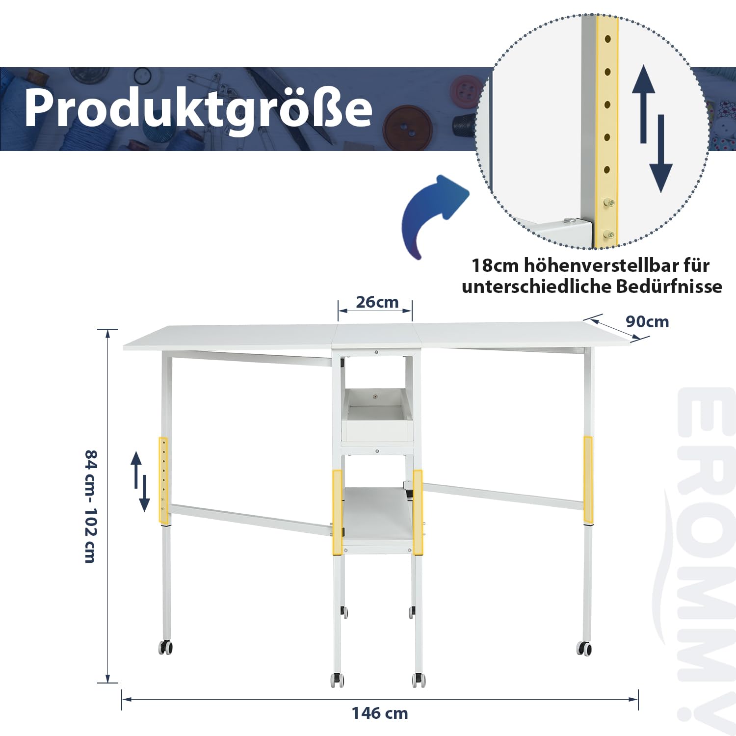 EROMMY Nähtisch Klappbar,Verstellbare Höhe,Holz Klapptisch mit Rädern und Stauraum,Mobiler Zuschneidetisch für große Stoffe,für Nähzimmer Arbeitszimmer Schlafzimmer zu Hause,Weiß