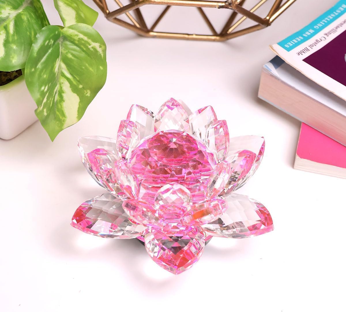 AIDNI Crystal Lotus Pink Rotating Glass Flower Ornament, Feng Shui Crystal Kamal Figurine, Sparkling Lotus for Home Decor, Meditation, Table Centerpiece – 13cm