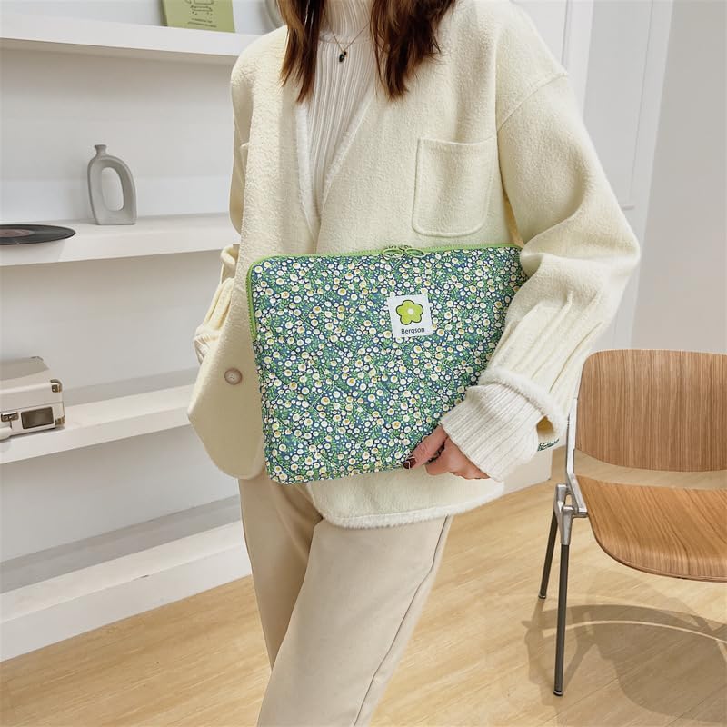11-15.6 Inch Cute Puffy Laptop Sleeve Fairycore Floral Carrying Laptop Bag Cover Kawaii Aesthetic Tablet Liner Pouch Preppy Stuff Cottagecore Office Accessories (Green Flower,15 Inch)