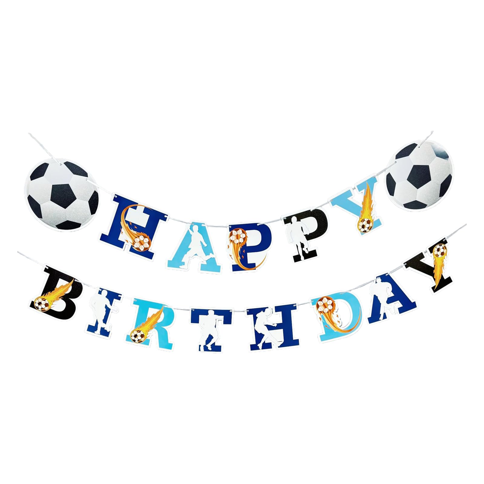 Happy Birthday Banner, Football Party Decorations, Birthday Banners for Men, Blue Football Theme Bunting with Player Silhouettes, Soccer Sign, Kids Party Supplies