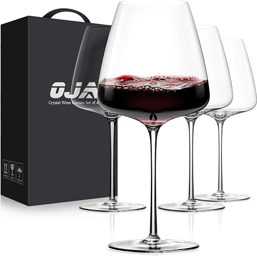 OJA Wine Glasses Set, Crystal Hand Blown Red Wine Glass Set of 4, 23 oz | Long Stem, Unique Large Design, Best for Wine tasting, Birthday, Christmas, Anniversary