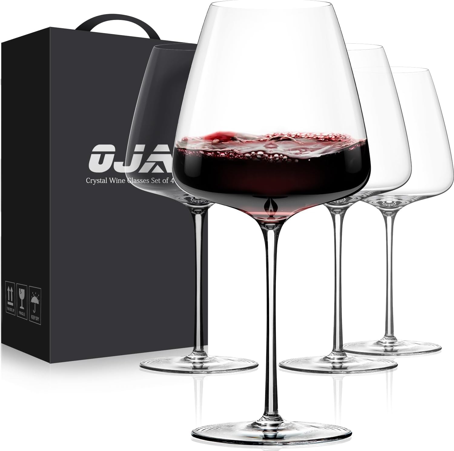 OJA Rotweingläser, 4er-Set, große Burgundergläser, 652 ml, mundgeblasenes Kristallglas, klar, ideal für Weinproben, Geburtstag, Weihnachten, Jahrestag | Langer Stiel, einzigartiges großes Design, ideal für Weinproben, Geburtstag, Weihnachten, Jahrestag
