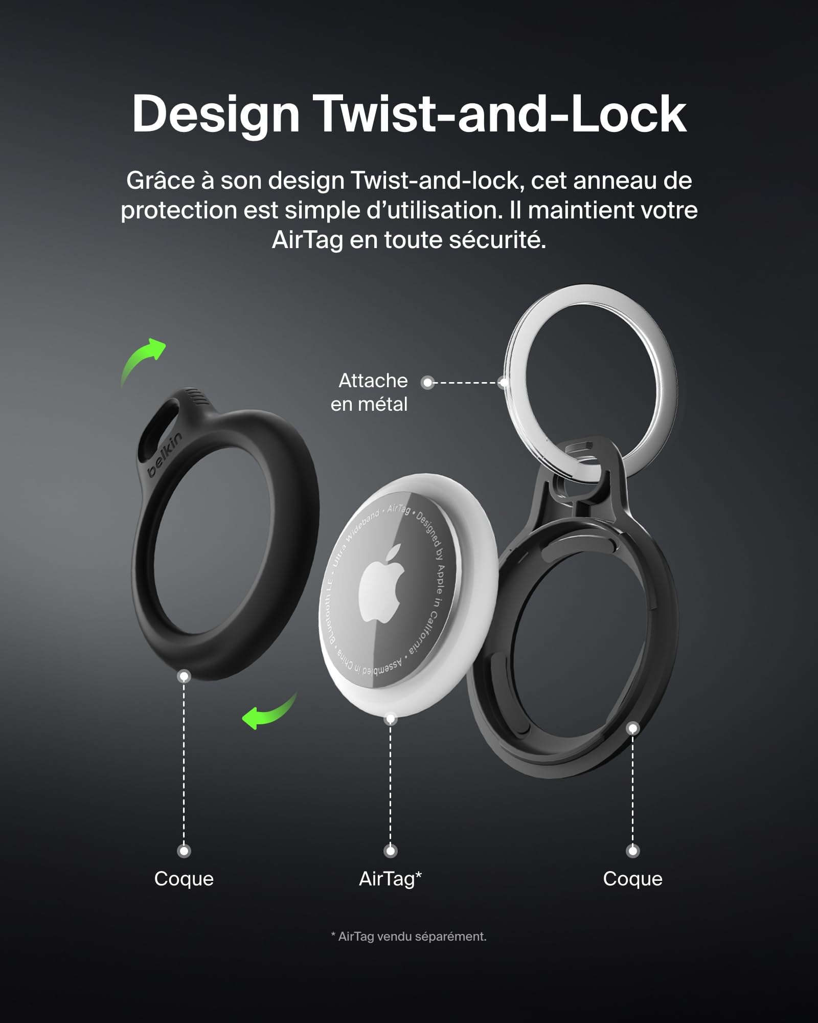 Belkin Anneau de protection avec attache en métal (protection pour AirTag, accessoire résistant aux rayures, Noir)