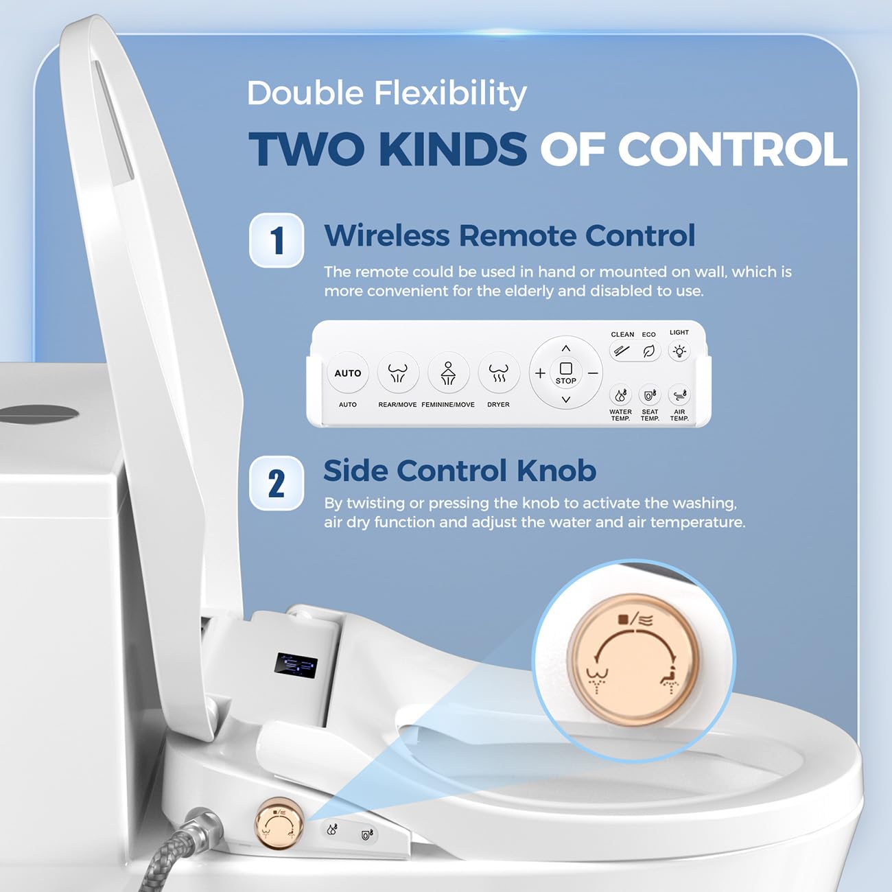 Sedile WC bidet, sedile WC elettrico intelligente, lavaggio femminile e anteriore, acqua calda istantanea e asciugatrice, ugello autopulente, coperchio WC chiuso morbido, luce notturna wireless