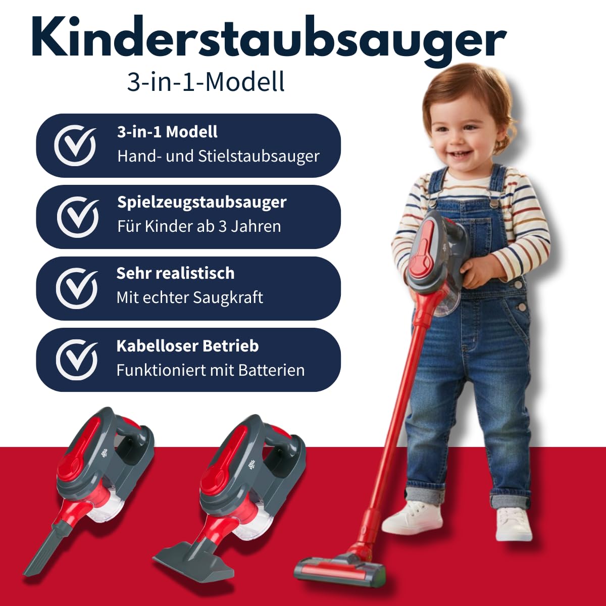 Dirt Devil Spielzeug Staubsauger 3-in-1 - Kinderstaubsauger mit 2 Aufsätzen - Funktionierende Saugfunktion und Realistische Geräusche - Für Jungen und Mädchen ab 3 Jahre - Kinderspielzeug - Rot/Grau