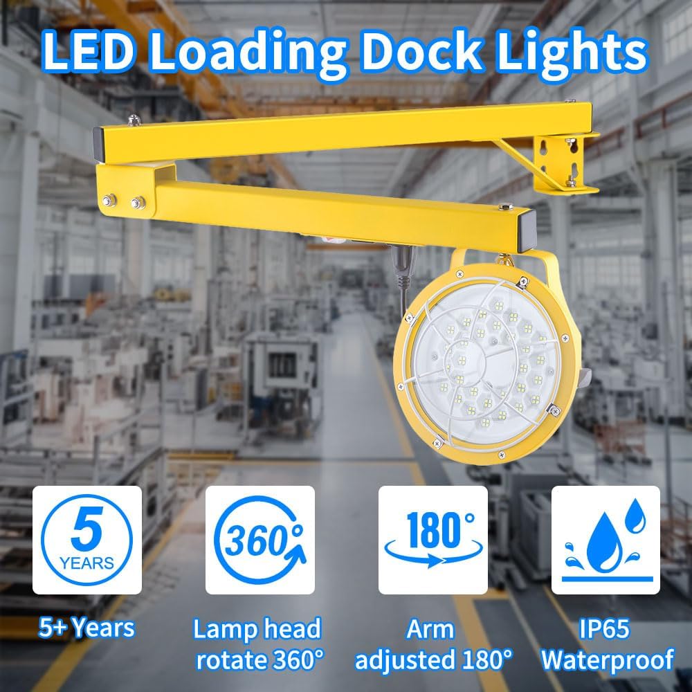 30/50W LED Loading Dock Light with 43" Folding Arm, 3000K 4000K 5000K Adjustable 6,500 Lumens, 360° Rotatable Lamp Head, IP65 Heavy Duty Wall Mounting Workbench Lights, CTL ETL Listed, 100-277VAC