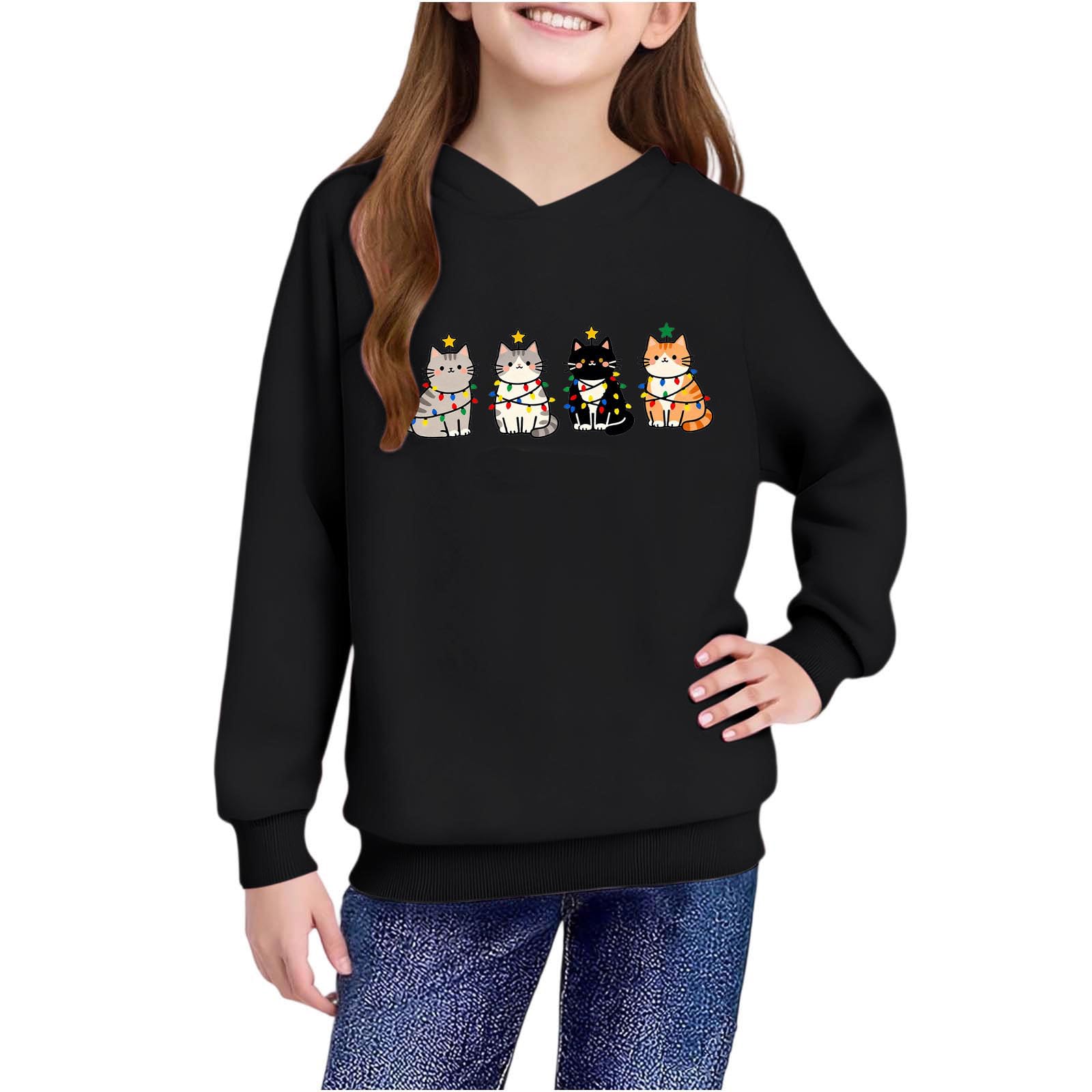 Pullover Kinder Weihnachten - Lässiges Weihnachtsshirt für Mädchen mit Süßem Katzen Schneeflocken Weihnachtsmann Langarm Christmas Hoodie Lustig Freizeitpullover Weihnachtspullover Gr.110-160