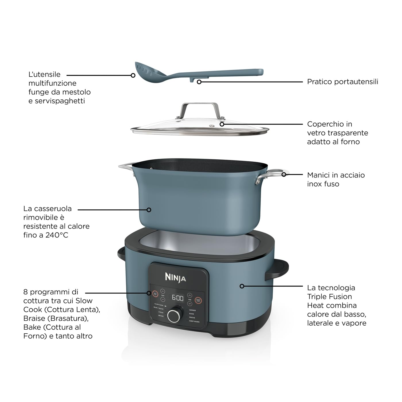 Ninja Foodi PossibleCooker 8L, Slow cooker e multicooker digitale 8 in 1 con casseruola antiaderente, griglia per cottura al vapore, coperchio in vetro e mestolo, grigio sale, MC1001EU