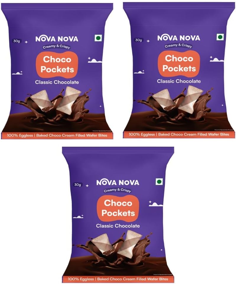 Nova Nova Choco Pockets | Classic Chocolate Filled Wafers | 100% Eggless (90g)