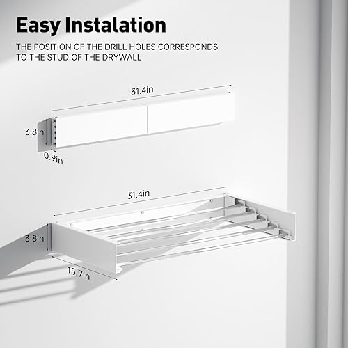 Miniatura 6 de Estante de secado de ropa montado en la pared, estante de lavandería extensible, estante de secado de ropa plegable en interiores, capacidad de 60