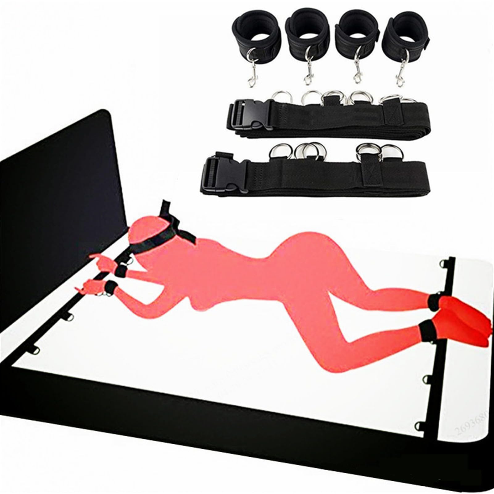 Cintura Regolabile per Letto, Colore Nero, con Polsini e Cavigliere, Set Completo di Cinghie e Fibbie